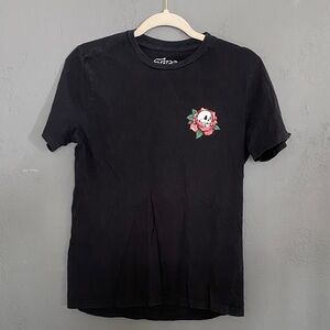 Taco Tuesday Black Graphic Tee with Skull and Rose Design